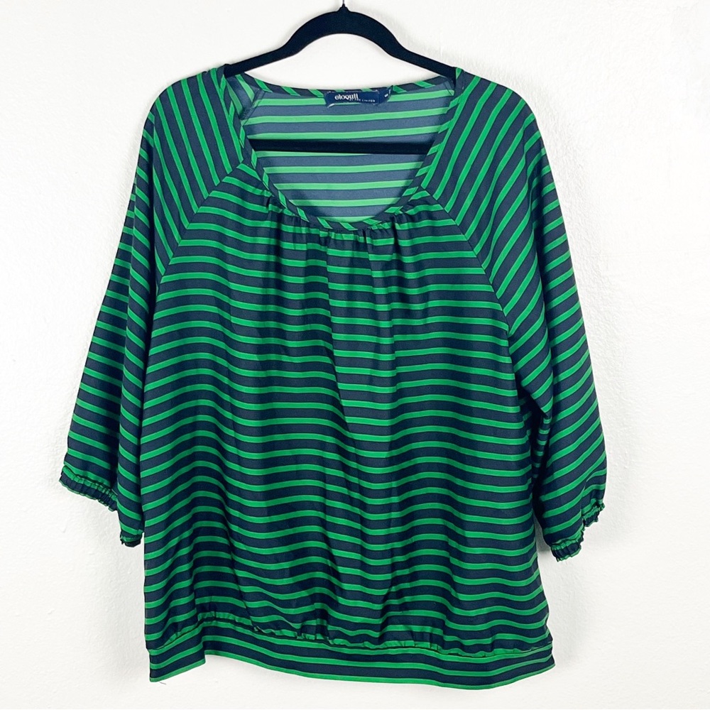 ELOQUII Green Striped Elastic Waistband Hem 3/4 Sleeves Top, Size 18W